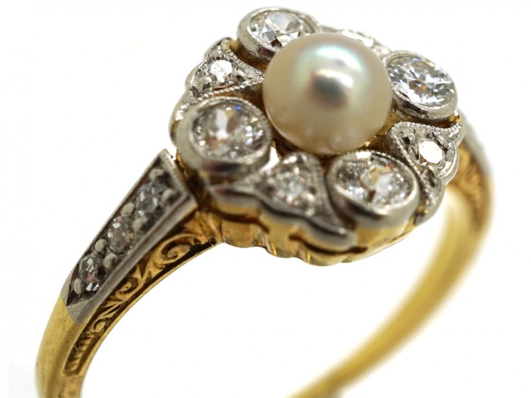 Edwardian 18ct Gold, Platinum, Pearl & Diamond Cluster Ring