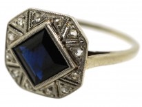 Art Deco Octagonal Shaped Sapphire & Rose Diamond Ring