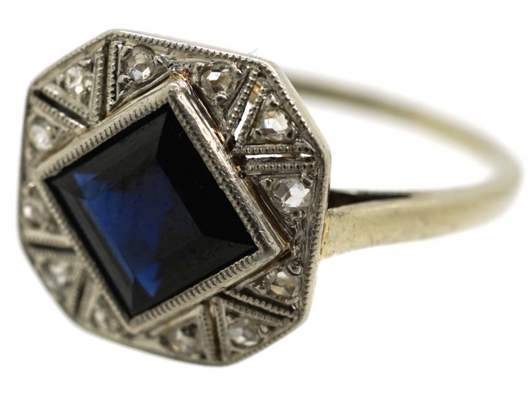 Art Deco Octagonal Shaped Sapphire & Rose Diamond Ring