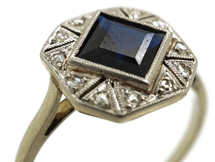 Art Deco Octagonal Shaped Sapphire & Rose Diamond Ring