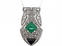Large Art Deco Silver, Onyx, Chalcedony & Marcasite Pendant on a Silver Chain