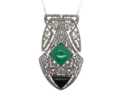 Large Art Deco Silver, Onyx, Chalcedony & Marcasite Pendant on a Silver Chain