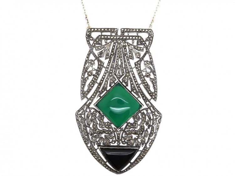 Large Art Deco Silver, Onyx, Chalcedony & Marcasite Pendant on a Silver Chain