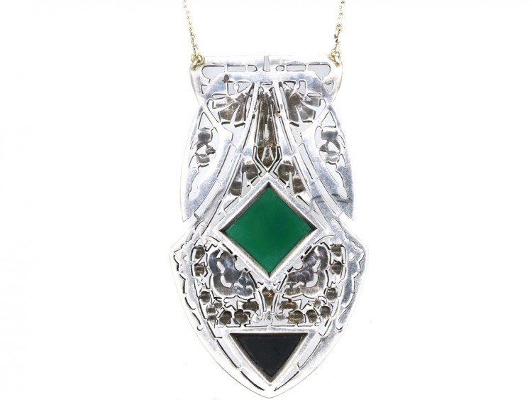 Large Art Deco Silver, Onyx, Chalcedony & Marcasite Pendant on a Silver Chain