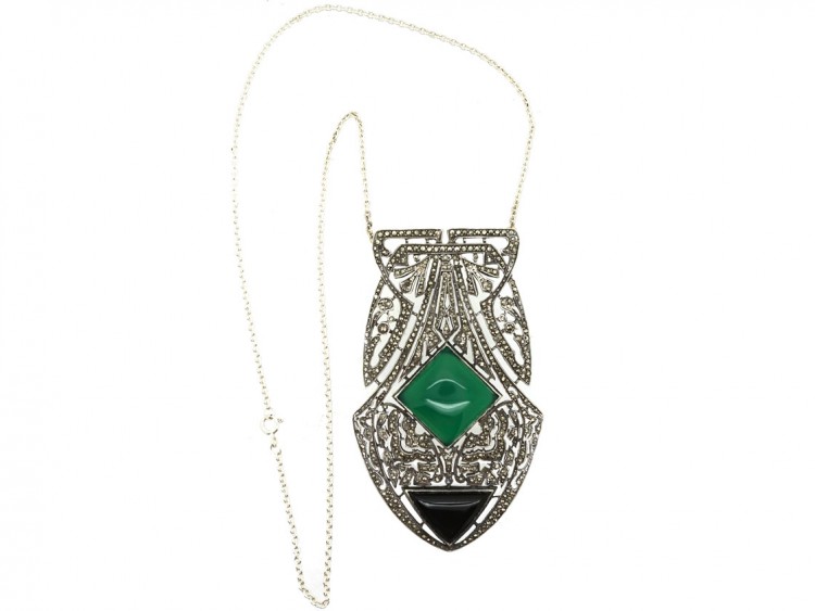 Large Art Deco Silver, Onyx, Chalcedony & Marcasite Pendant on a Silver Chain