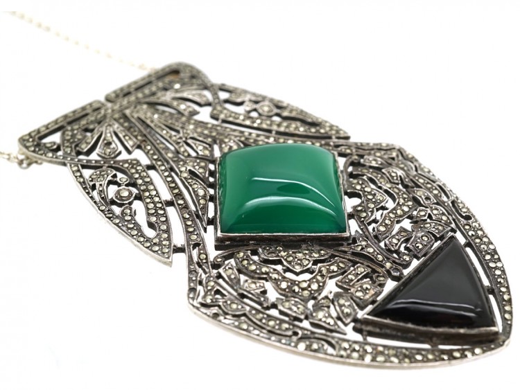 Large Art Deco Silver, Onyx, Chalcedony & Marcasite Pendant on a Silver Chain