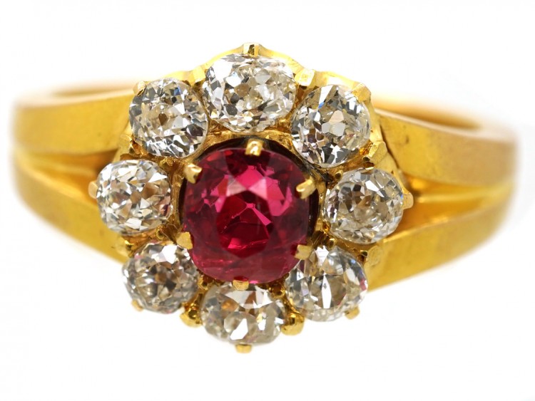 Victorian 18ct Gold, Diamond and Pink Spinel Cluster Ring