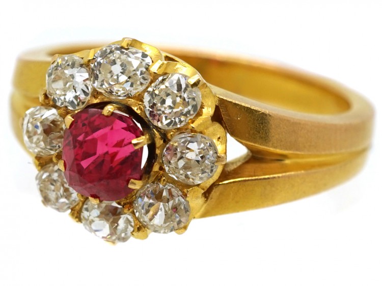Victorian 18ct Gold, Diamond and Pink Spinel Cluster Ring