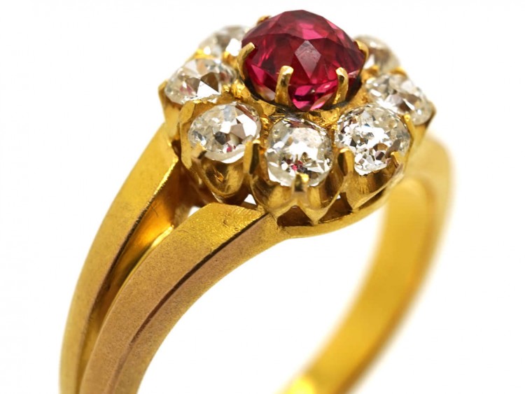 Victorian 18ct Gold, Diamond and Pink Spinel Cluster Ring