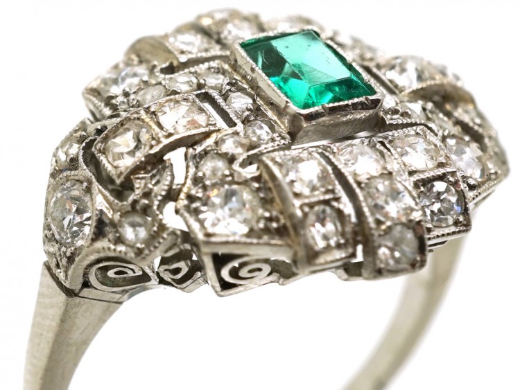 Art Deco French, Platinum, Emerald & Diamond Ring