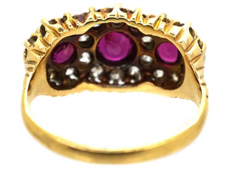 Edwardian 18ct Gold, Ruby & Diamond Triple Cluster Ring