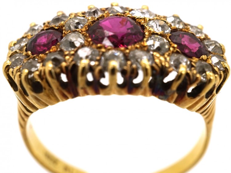 Edwardian 18ct Gold, Ruby & Diamond Triple Cluster Ring