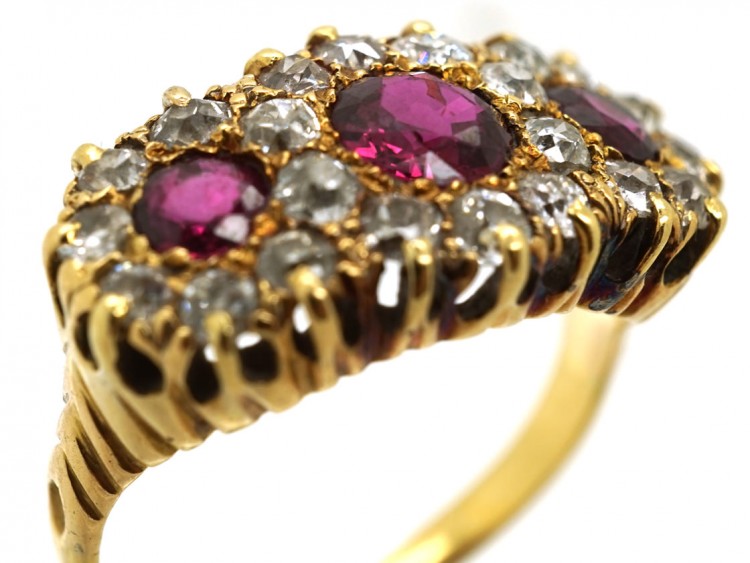 Edwardian 18ct Gold, Ruby & Diamond Triple Cluster Ring