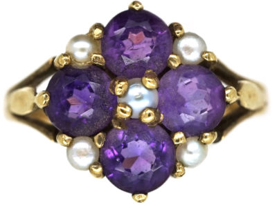 9ct Gold, Amethyst & Natural Split Pearl Ring