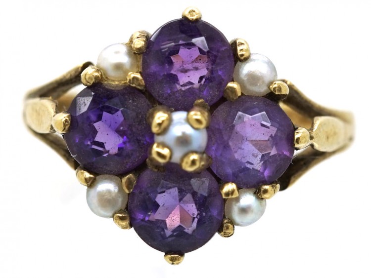 9ct Gold, Amethyst & Natural Split Pearl Ring