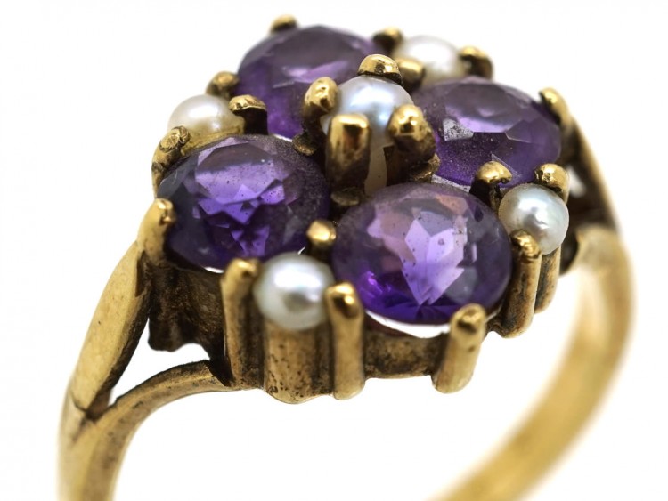 9ct Gold, Amethyst & Natural Split Pearl Ring