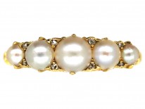 Edwardian 18ct Gold, Rose Diamond & Natural Split Pearl Carved Half Hoop Ring