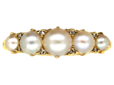 Edwardian 18ct Gold, Rose Diamond & Natural Split Pearl Carved Half Hoop Ring