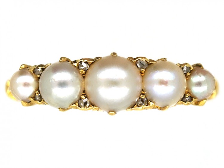 Edwardian 18ct Gold, Rose Diamond & Natural Split Pearl Carved Half Hoop Ring