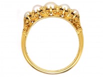 Edwardian 18ct Gold, Rose Diamond & Natural Split Pearl Carved Half Hoop Ring