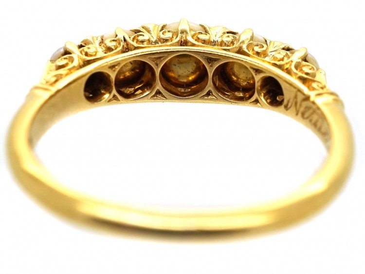 Edwardian 18ct Gold, Rose Diamond & Natural Split Pearl Carved Half Hoop Ring