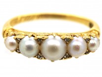 Edwardian 18ct Gold, Rose Diamond & Natural Split Pearl Carved Half Hoop Ring