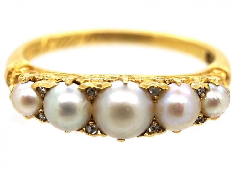 Edwardian 18ct Gold, Rose Diamond & Natural Split Pearl Carved Half Hoop Ring