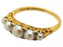 Edwardian 18ct Gold, Rose Diamond & Natural Split Pearl Carved Half Hoop Ring