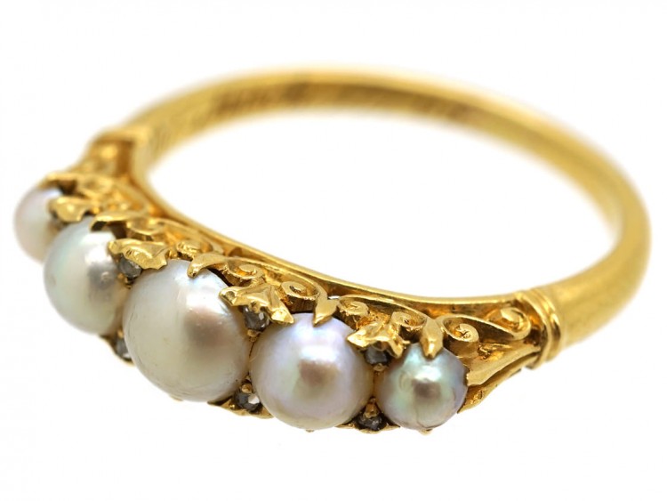 Edwardian 18ct Gold, Rose Diamond & Natural Split Pearl Carved Half Hoop Ring