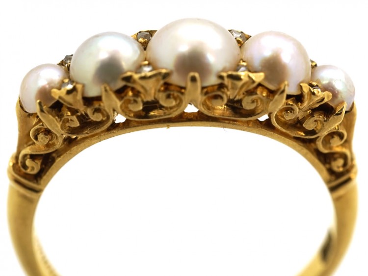 Edwardian 18ct Gold, Rose Diamond & Natural Split Pearl Carved Half Hoop Ring