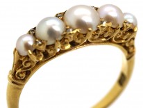 Edwardian 18ct Gold, Rose Diamond & Natural Split Pearl Carved Half Hoop Ring