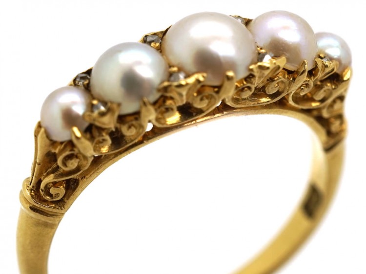 Edwardian 18ct Gold, Rose Diamond & Natural Split Pearl Carved Half Hoop Ring