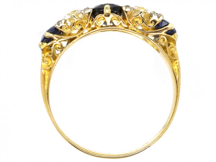 Victorian 18ct Gold, Sapphire & Diamond Carved Half Hoop Five Stone Ring