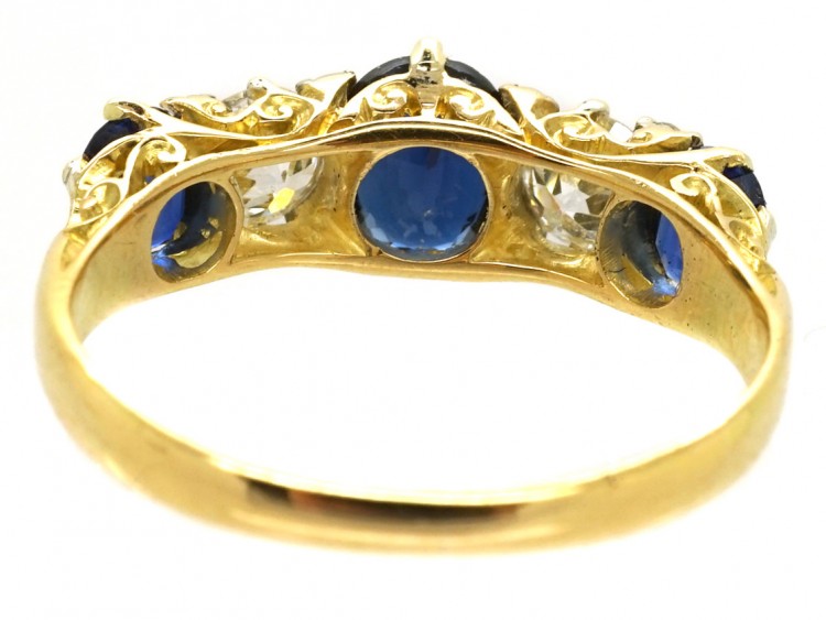 Victorian 18ct Gold, Sapphire & Diamond Carved Half Hoop Five Stone Ring