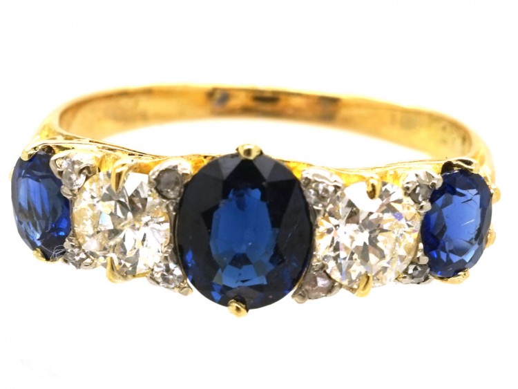 Victorian 18ct Gold, Sapphire & Diamond Carved Half Hoop Five Stone Ring