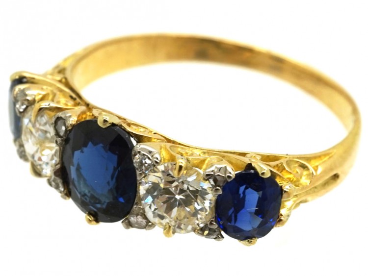 Victorian 18ct Gold, Sapphire & Diamond Carved Half Hoop Five Stone Ring