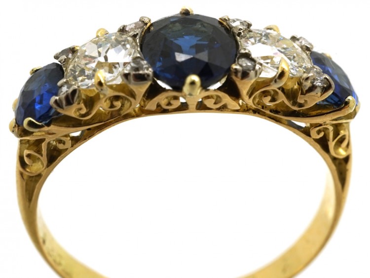 Victorian 18ct Gold, Sapphire & Diamond Carved Half Hoop Five Stone Ring