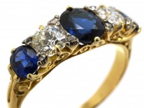 Victorian 18ct Gold, Sapphire & Diamond Carved Half Hoop Five Stone Ring