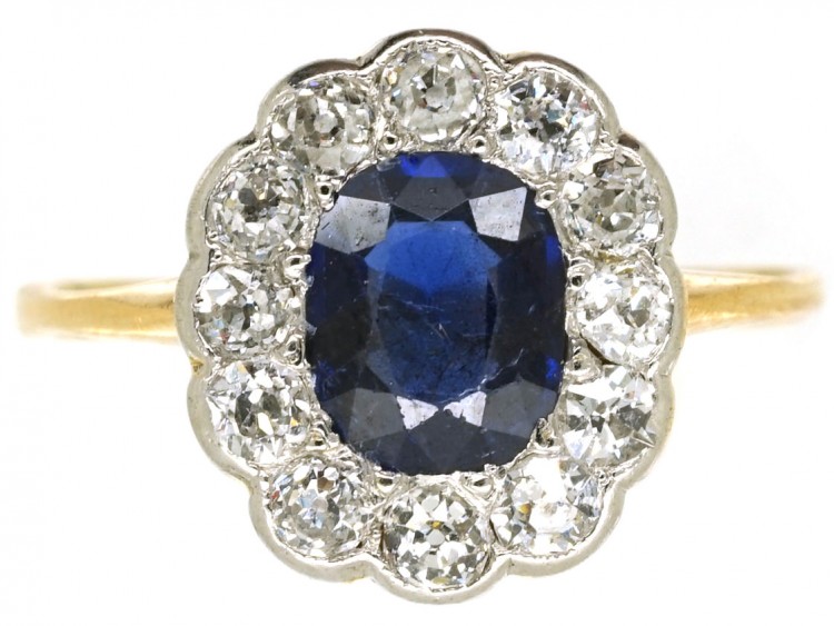 Edwardian 18ct Gold & Platinum, Sapphire & Diamond Cluster Ring