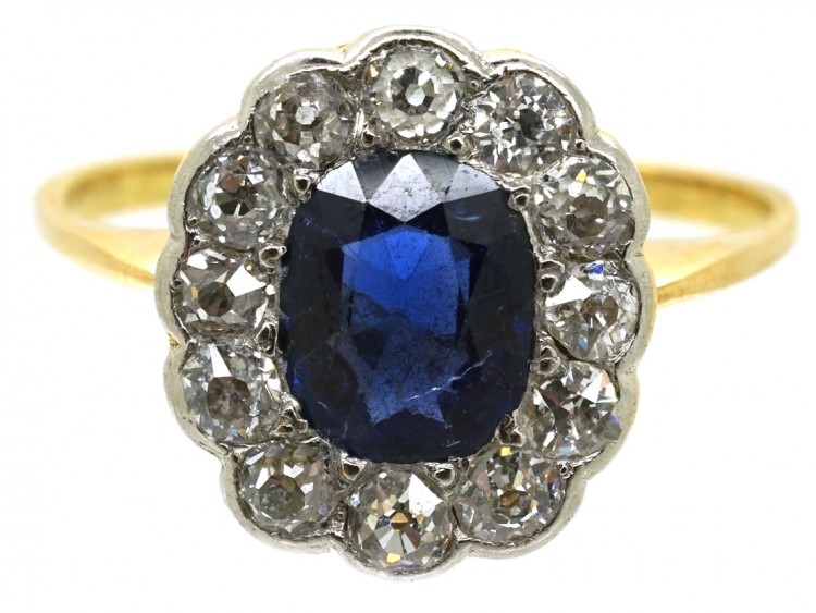 Edwardian 18ct Gold & Platinum, Sapphire & Diamond Cluster Ring