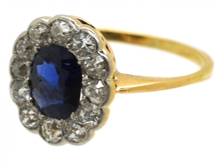 Edwardian 18ct Gold & Platinum, Sapphire & Diamond Cluster Ring