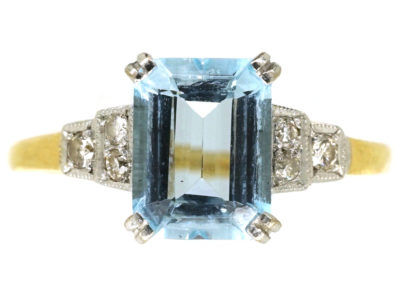 Art Deco 18ct Gold & Platinum, Aquamarine & Diamond Ring