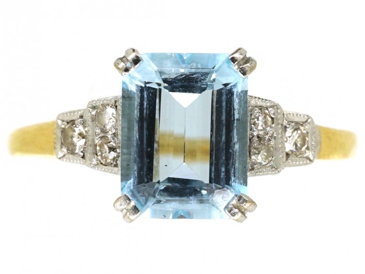 Art Deco 18ct Gold & Platinum, Aquamarine & Diamond Ring