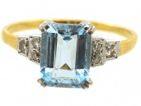 Art Deco 18ct Gold & Platinum, Aquamarine & Diamond Ring