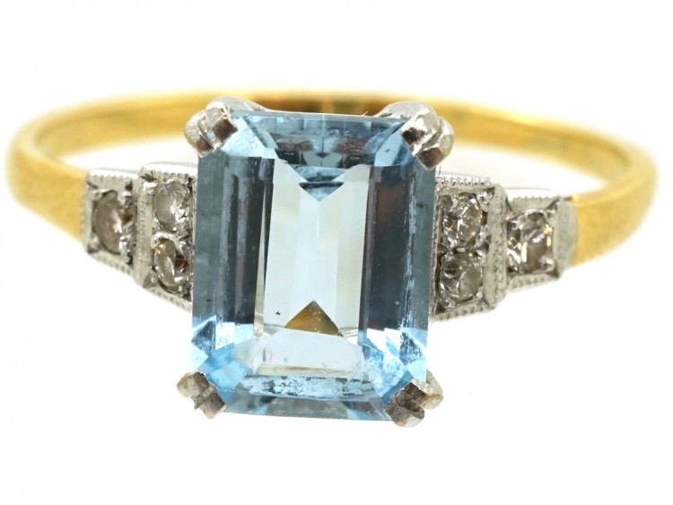 Art Deco 18ct Gold & Platinum, Aquamarine & Diamond Ring