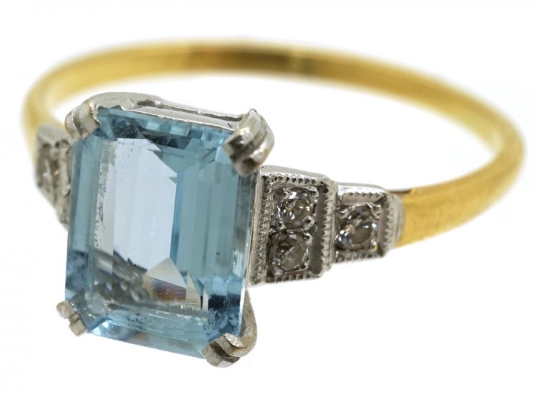 Art Deco 18ct Gold & Platinum, Aquamarine & Diamond Ring