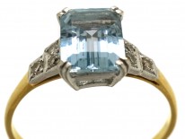 Art Deco 18ct Gold & Platinum, Aquamarine & Diamond Ring