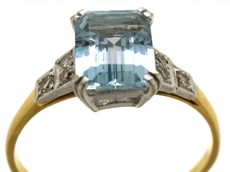 Art Deco 18ct Gold & Platinum, Aquamarine & Diamond Ring