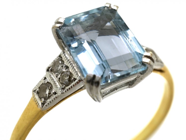 Art Deco 18ct Gold & Platinum, Aquamarine & Diamond Ring