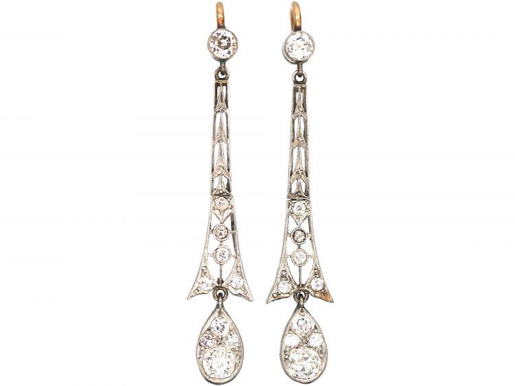 Art Deco 15ct Gold, Platinum & Diamond Drop Earrings